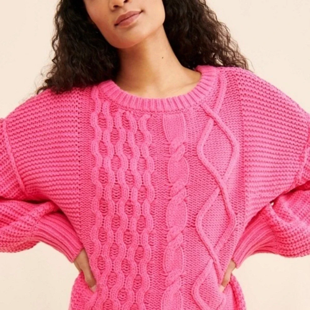 Free People On A Boat Cable Knit Sweater Pink Oversized‎ Cotton Blend Womens S